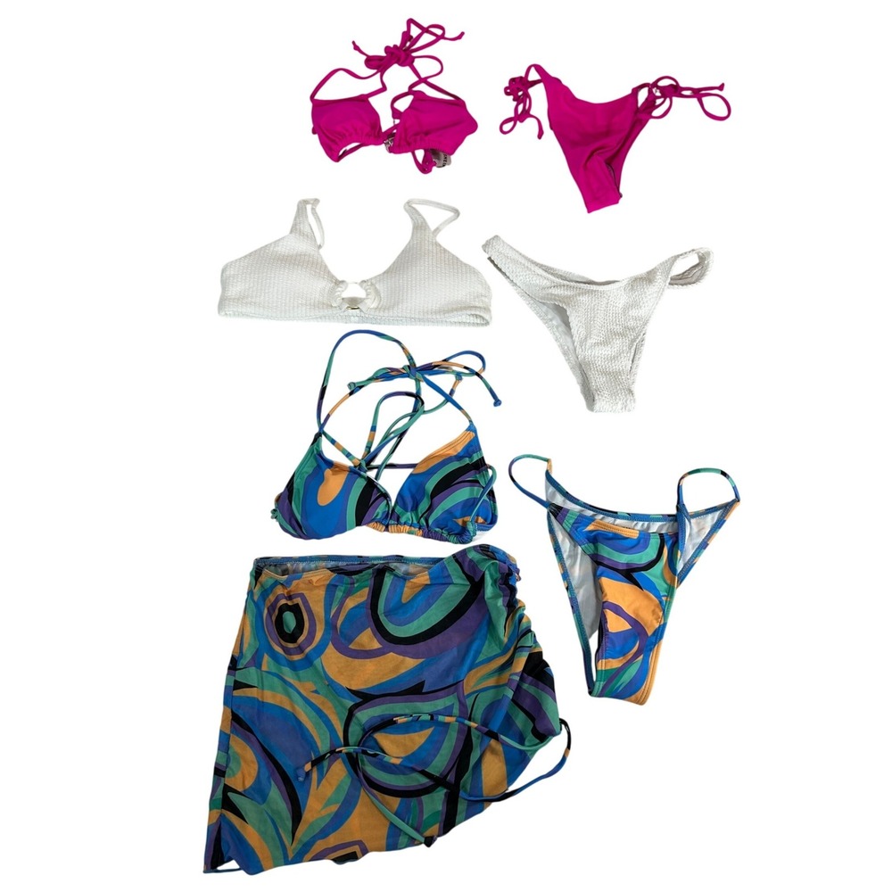 3 Pack Shein‎ Swirl 3 Piece Bikini Set w Sarong Skirt Blue Orange Small & Medium